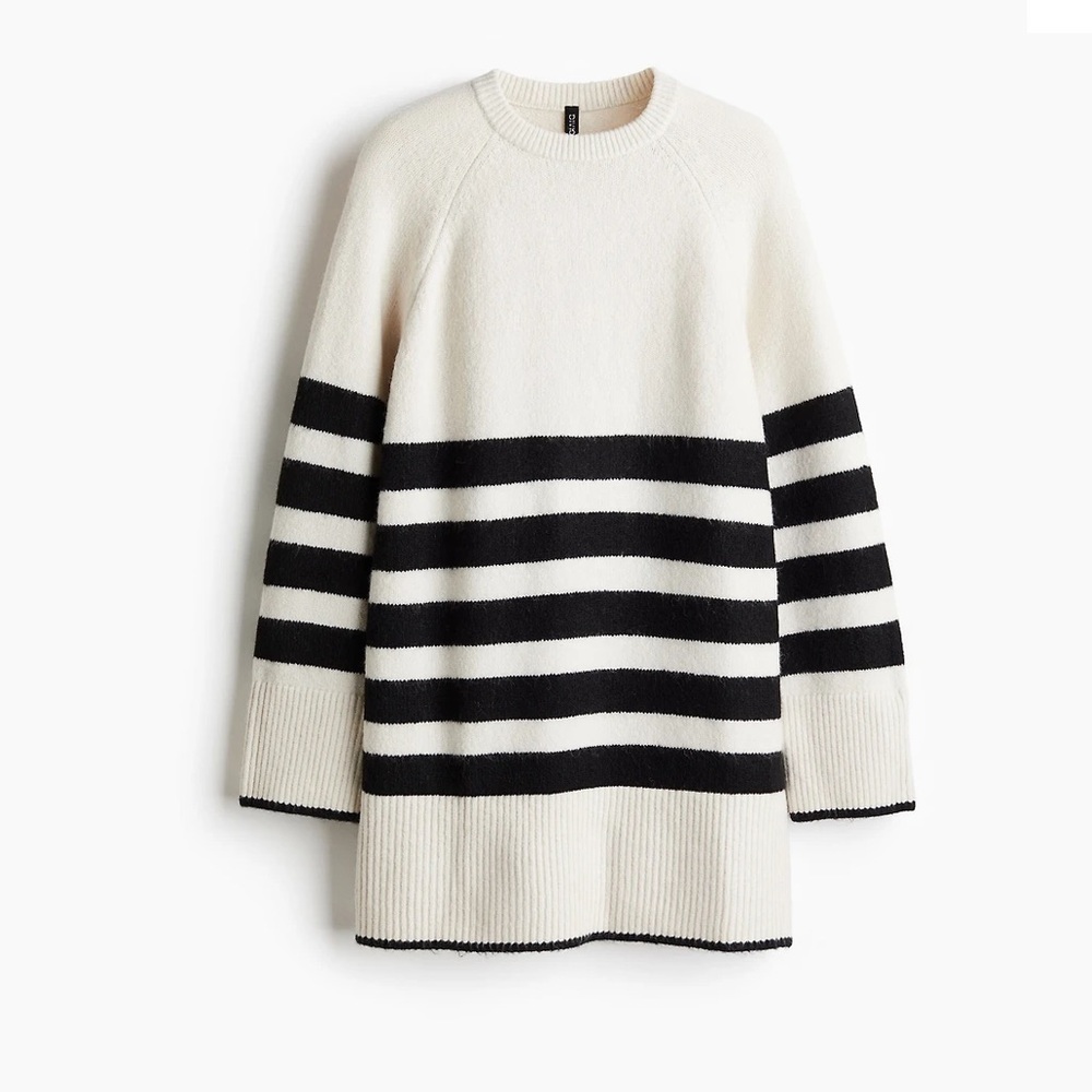 H&M NWOT women Cream and Black Long Striped Crewneck Sweater size XL